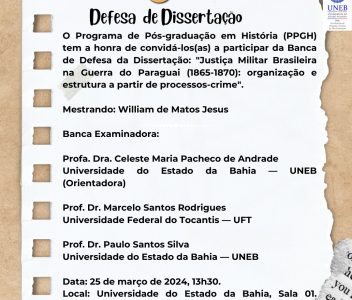 Defesa de Dissertação nesta segunda, às 13:30, no Prédio do PPGH